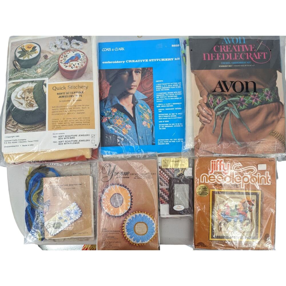 SALE! Vintage 1970's Lot 7 STITCHERY NEEDLE CRAFT KITS ~ Avon Jiffy Yvonne Coats